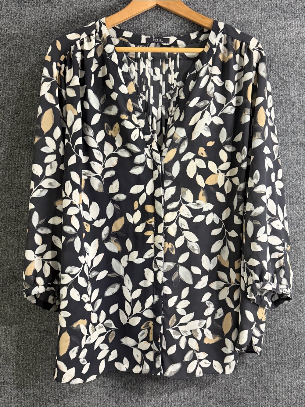 NYDJ Womens 2X Floral Leaf Print Top Split V Neck Office Career Fall blouse